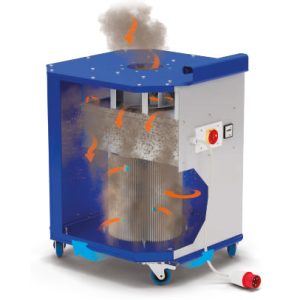 Corte en sección de la unidad CleanGo mostrando cartucho filtrante y flujo de aire contaminado y limpio