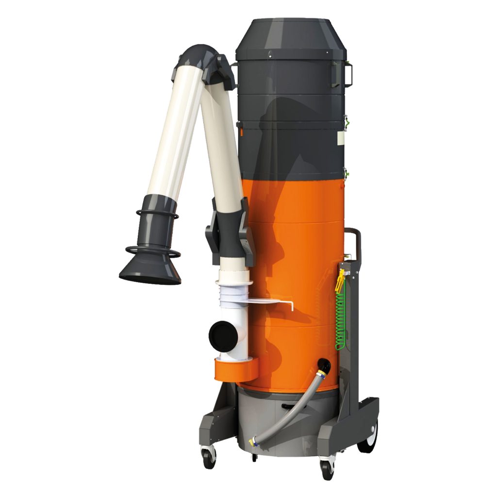 Equipo de aspiración industrial Kiekens Dustmaster DM1200 con brazo articulado para captura de polvo en el origen.