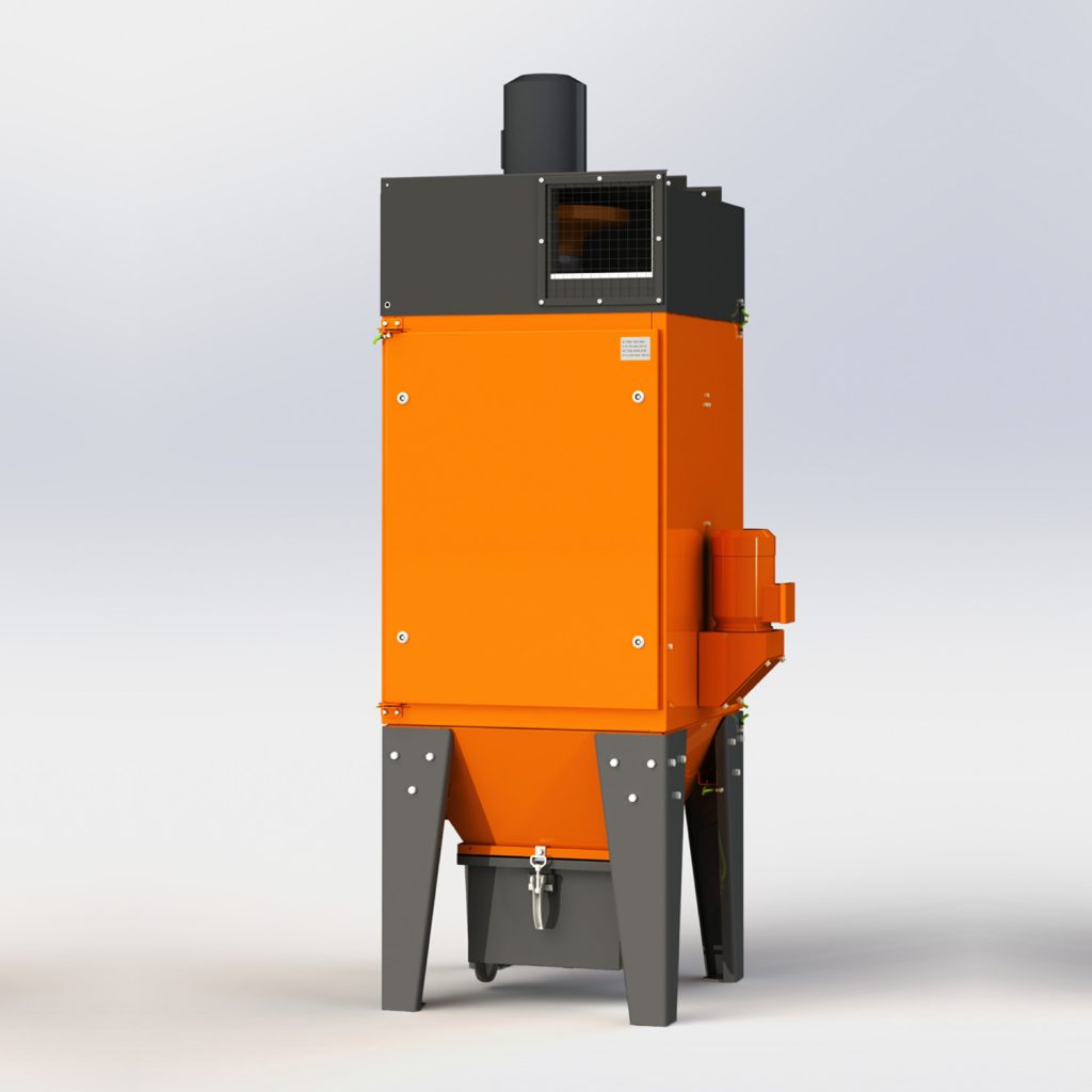 Filtro de mangas industrial Kiekens Dustmaster DM4000 con carcasa en acero pintado y depósito inferior de 55 litros.