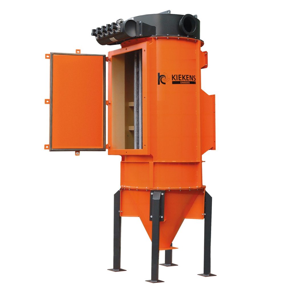Separador de polvo Kiekens Dustmaster DM8000 con puerta lateral abierta mostrando interior del módulo filtrante y construcción robusta en acero.
