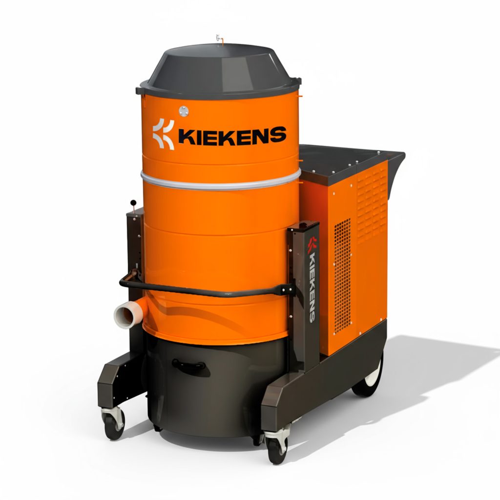 Aspirador industrial modular de alto vacío Kiekens Serie KG con depósito de gran capacidad y estructura sobre ruedas.