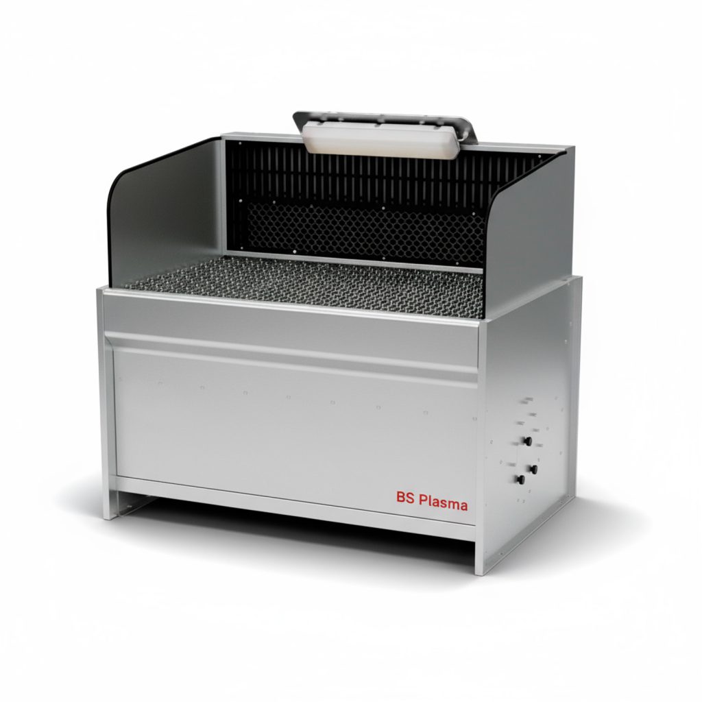 Mesa aspirante BS Plasma con base de acero para corte térmico y captación de chispas y polvo metálico.