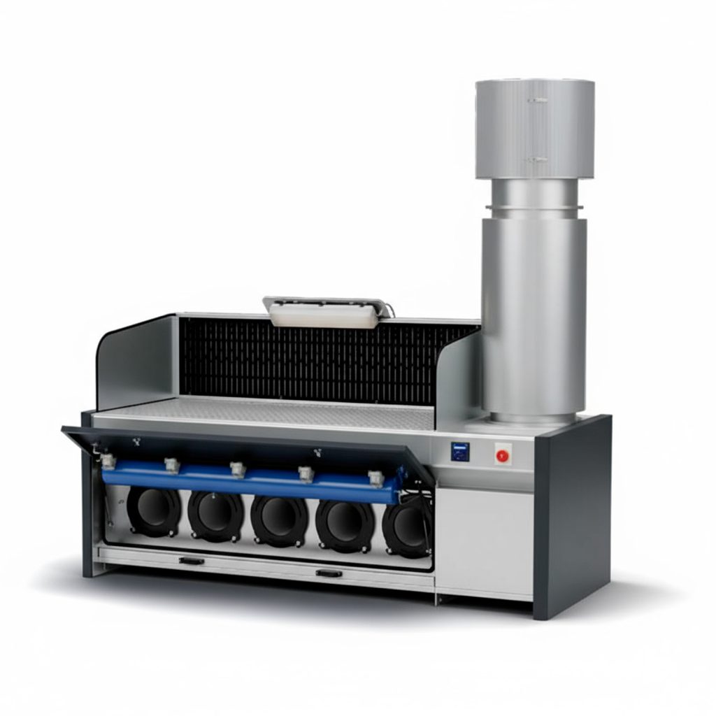 Mesa aspirante Polijet DF con sistema de filtración automática y limpieza neumática por aire comprimido.