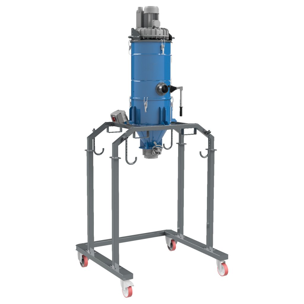 Aspirador industrial tipo silo SIL-VAC 100 T con estructura metálica para descarga directa a big-bag o contenedor