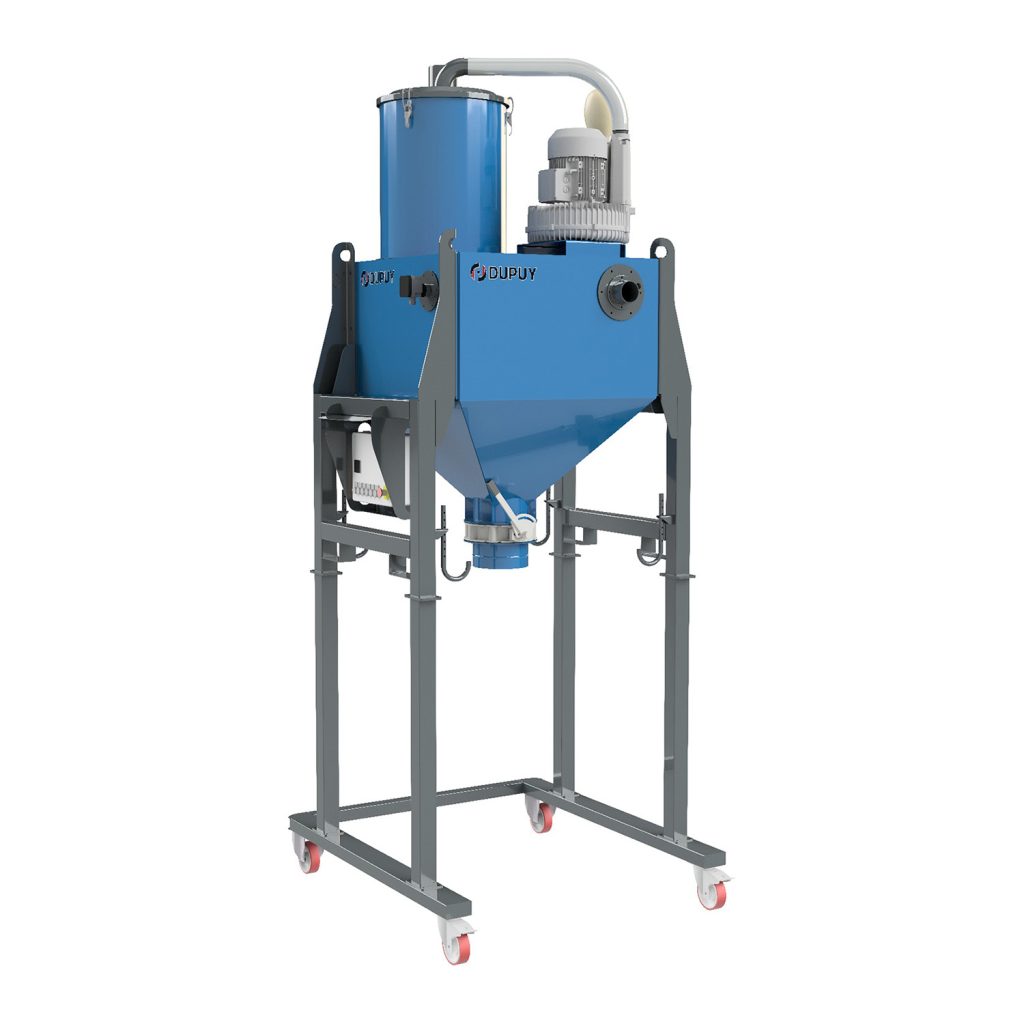Aspirador-silo SIL-VAC 600 PRO para grandes volúmenes de polvo, con tolva de 600 L, turbina lateral de 7,5 kW y estructura con ruedas para descarga en big-bag.