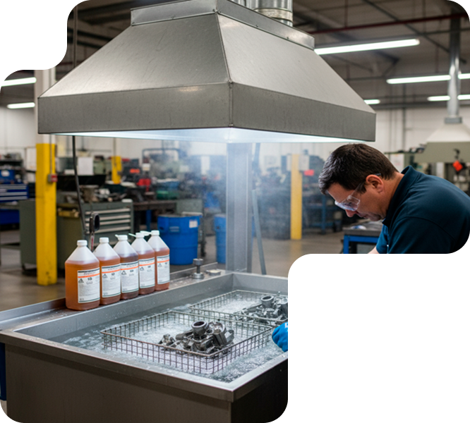 Campana de aspiración captando vapores de disolvente en una estación de limpieza de piezas metálicas
