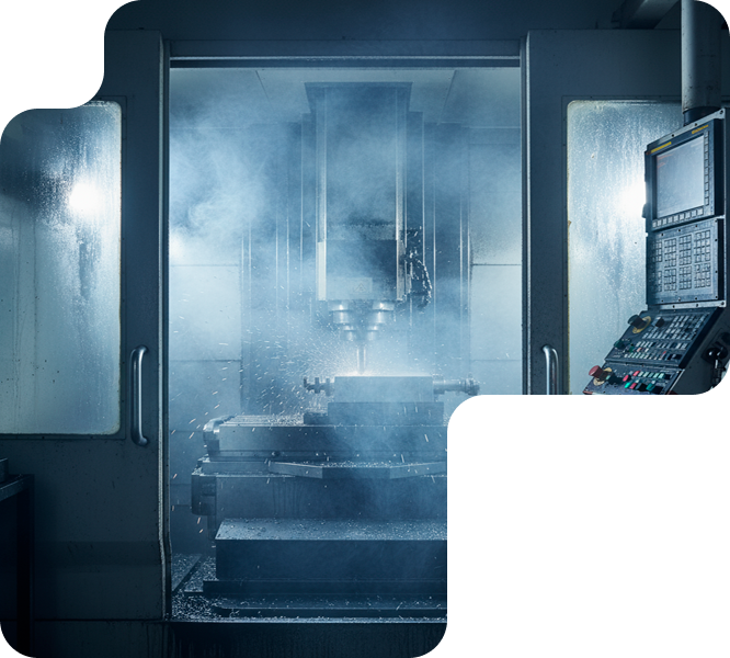 Interior de máquina CNC con neblina de aceite durante operaciones de mecanizado