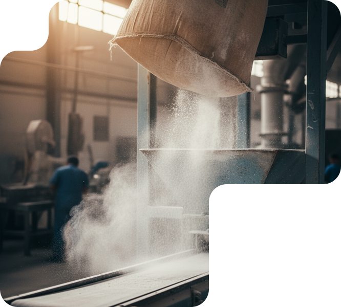 Emisión de polvo durante el vertido de material en una línea de producción industrial