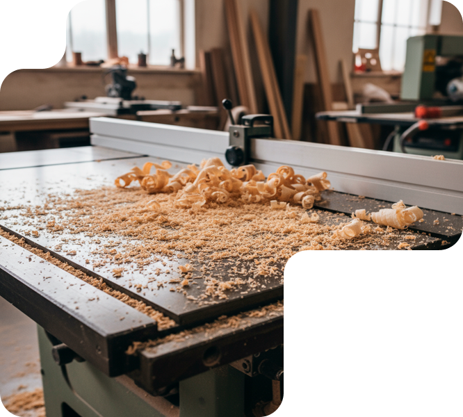 Mesa de corte con virutas y serrín acumulados tras el trabajo de carpintería