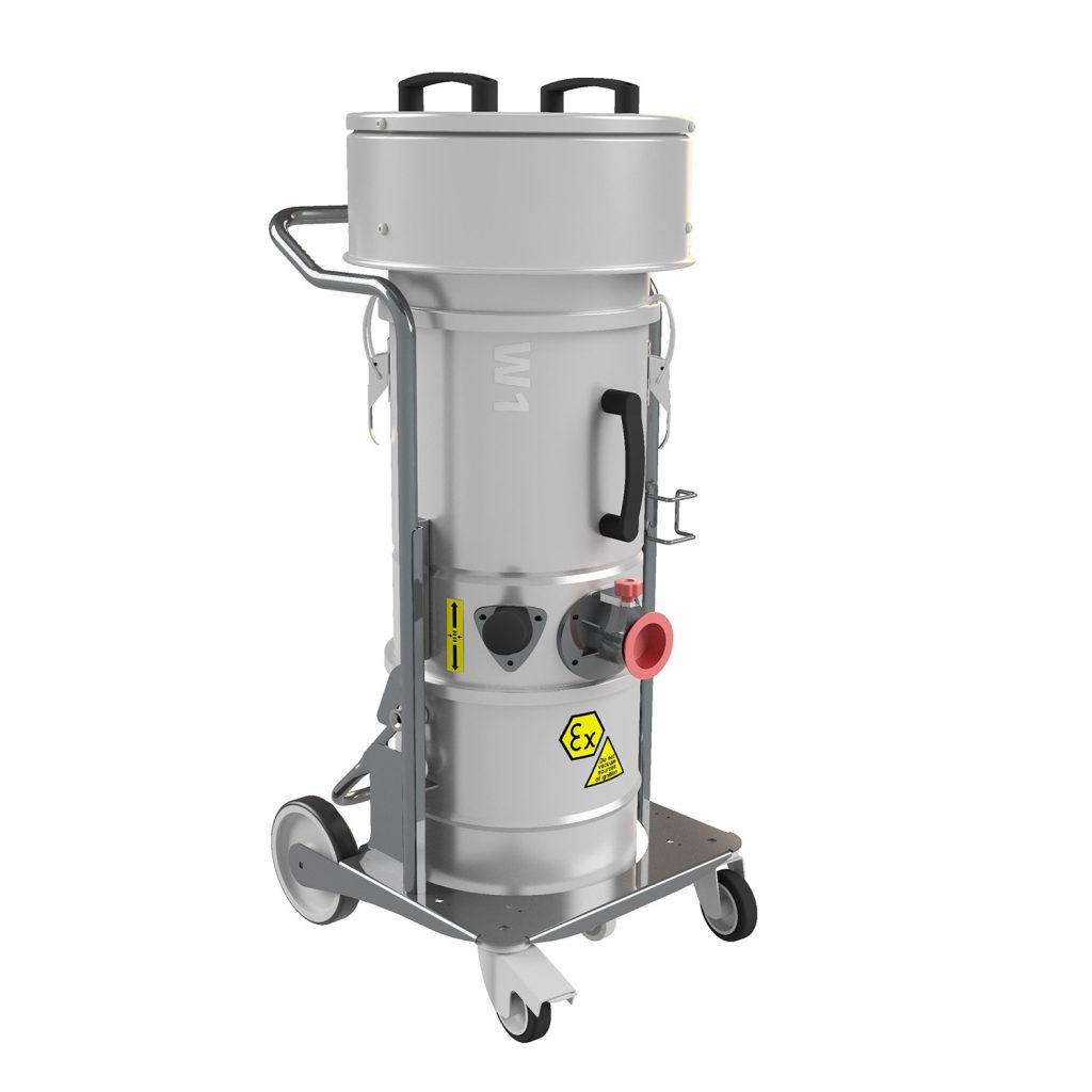 Aspirador ATEX Neumático W1 AIR-EX 1/2D, de acero inoxidable AISI 304, para aspiración de polvo en Zona 21 (exterior) y Zona 20 (interior), con filtro HEPA.