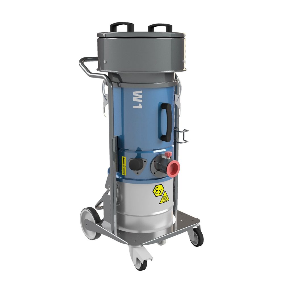 Aspirador ATEX Neumático W1 AIR-EX 1/3D, de diseño compacto y acero, con certificación 1/3D y filtro HEPA para aspiración segura de polvo combustible.