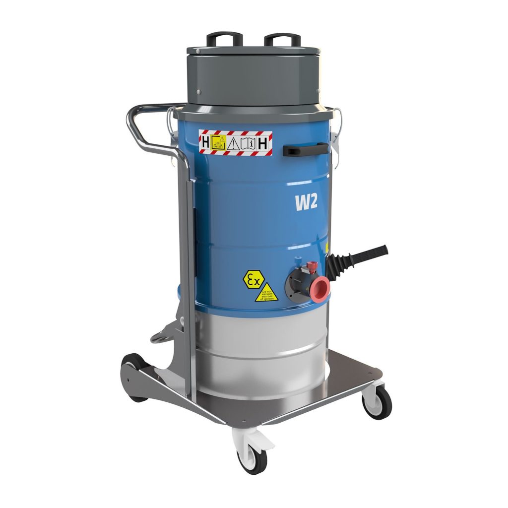 Aspirador ATEX Neumático W2 AIR-EX 1/3D de 50 litros, certificado para Zona 22 y fabricado en acero inoxidable AISI 304.