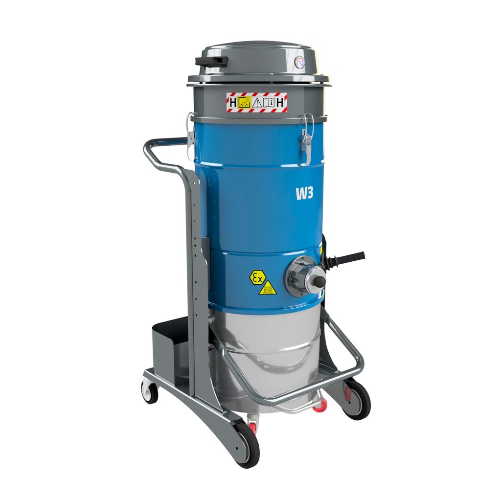 Aspirador ATEX Neumático W3 AIR-EX 1/3D, de acero azul, para aspiración de polvo combustible en Zona 20 y Zona 22, con filtro HEPA Clase H.
