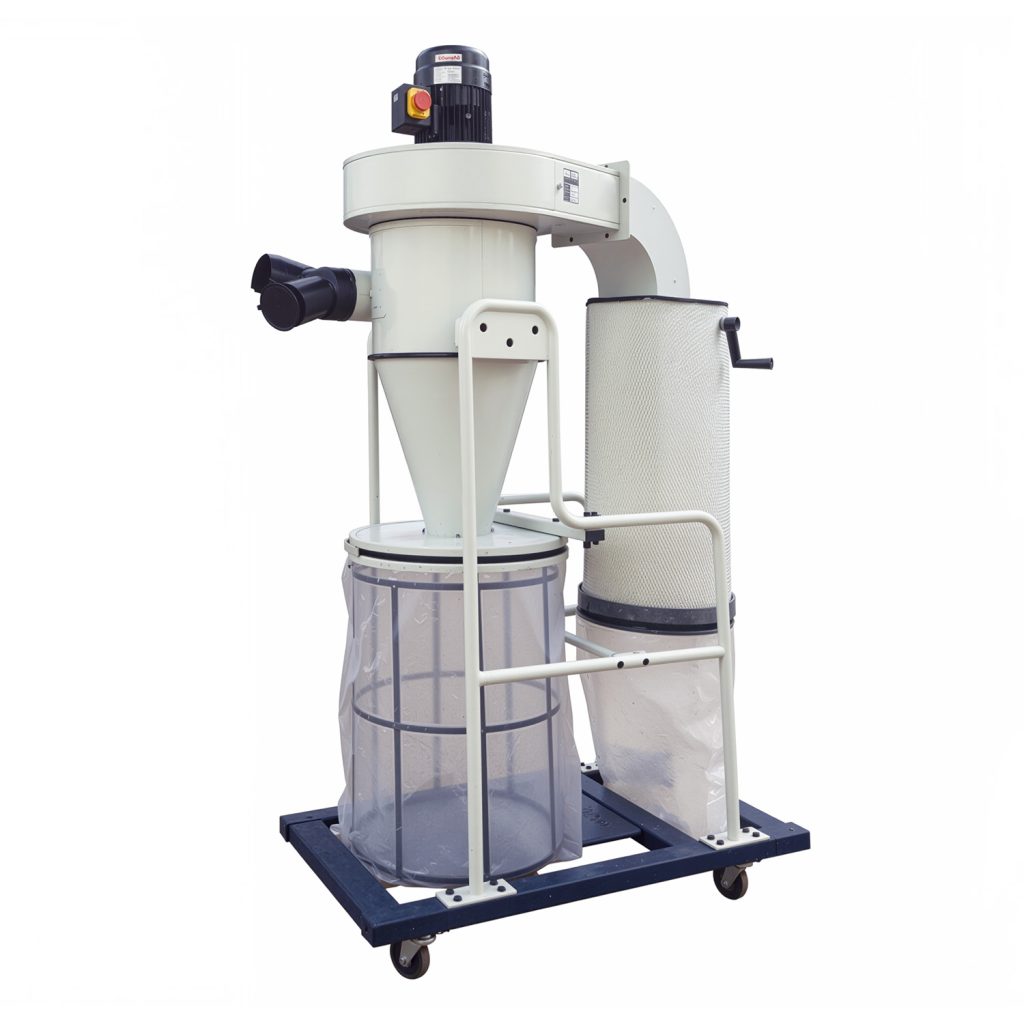 Aspirador industrial ciclónico DC-350 (3 Hp) con doble saco de recogida y filtro de cartucho, ideal para la separación de viruta de madera en talleres.