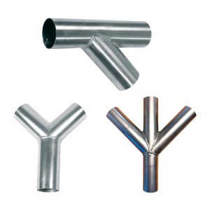 Componentes de acero galvanizado para redes de aspiración centralizada, mostrando bifurcaciones, uniones en Y (pantalón) y dobles Y.