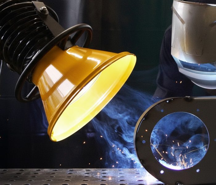 Brazo de aspiración articulado industrial con campana amarilla posicionado sobre un puesto de trabajo, capturando humos y chispas de soldadura directamente en el origen.