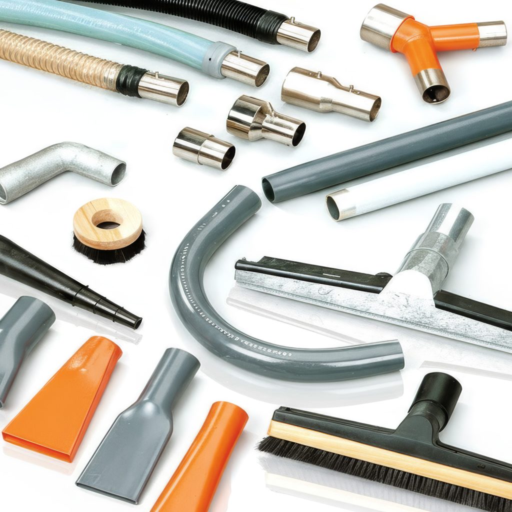 Gama completa de accesorios Kiekens originales para aspiradores industriales Iberclean, incluyendo boquillas de suelo, cepillos, mangueras antiestáticas y tubos de aluminio.