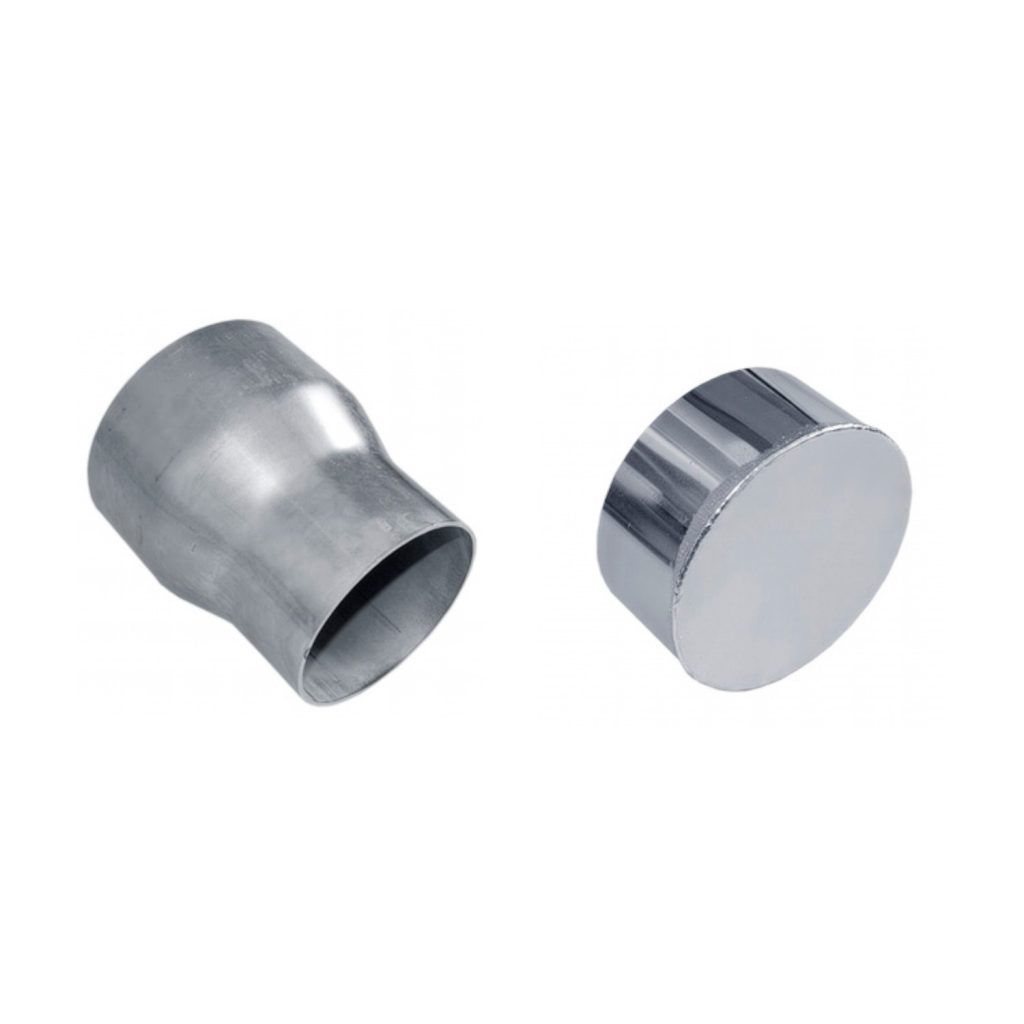 Componentes de acero galvanizado para aspiración centralizada, mostrando reducciones concéntricas de diámetro y tapas de cierre.