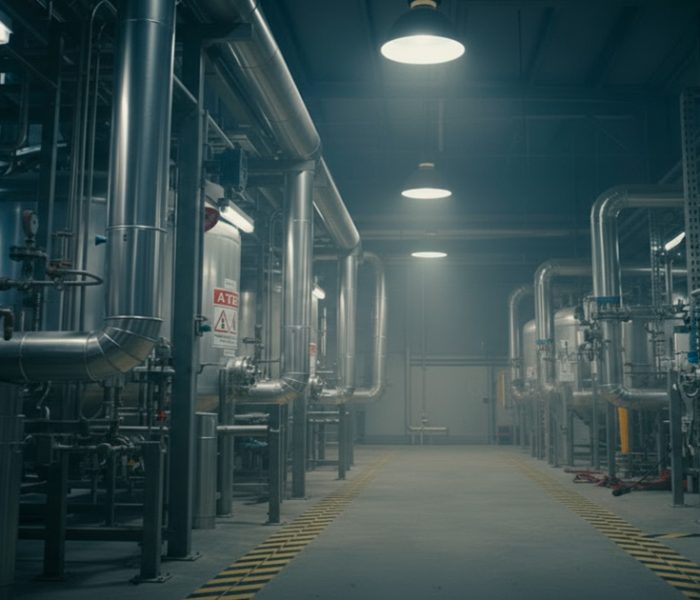 Símbolo de advertencia ATEX (Atmósfera Explosiva) sobre una foto de polvo fino combustible en una fábrica, ilustrando el riesgo de explosión.