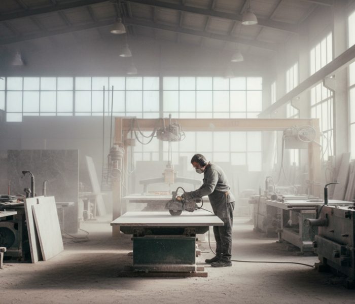 Trabajador de marmolería o taller de corte de piedra realizando labores de pulido con una alta concentración de polvo de sílice (SCR) en suspensión, ilustrando el riesgo de Silicosis en la industria.