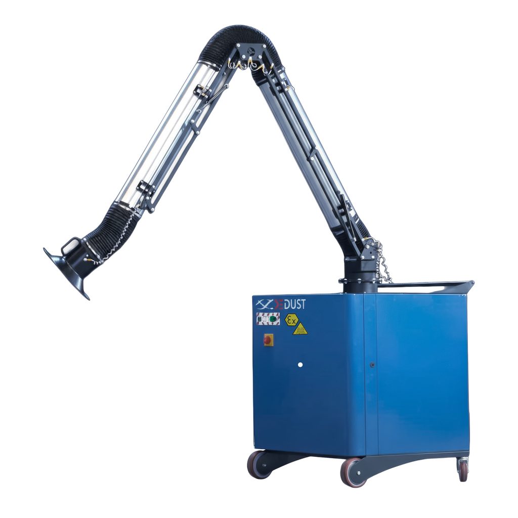 Aspirador industrial D-Dust 1 ATEX con brazo articulado para captación de polvo combustible en zona 22.